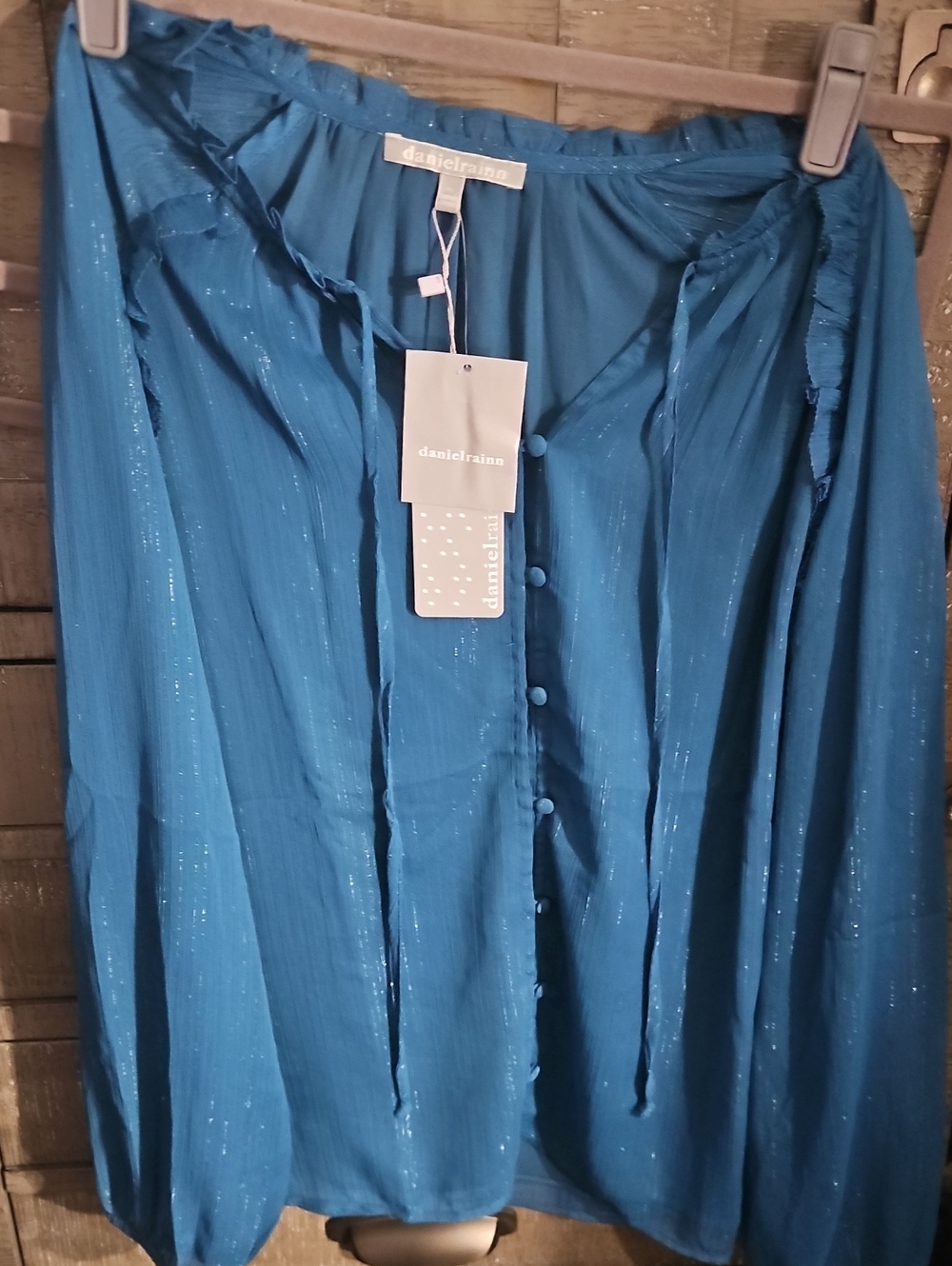 Daniel Rainn Teal Button-Front Blouse with Subtle Metallic Threads